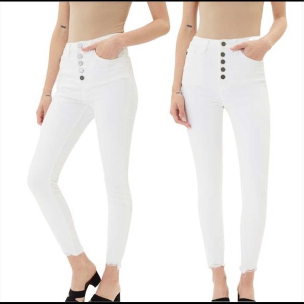 KANCAN Debbie High Rise Button Fly Skinny Jeans White Chewed Up Hem Size 24